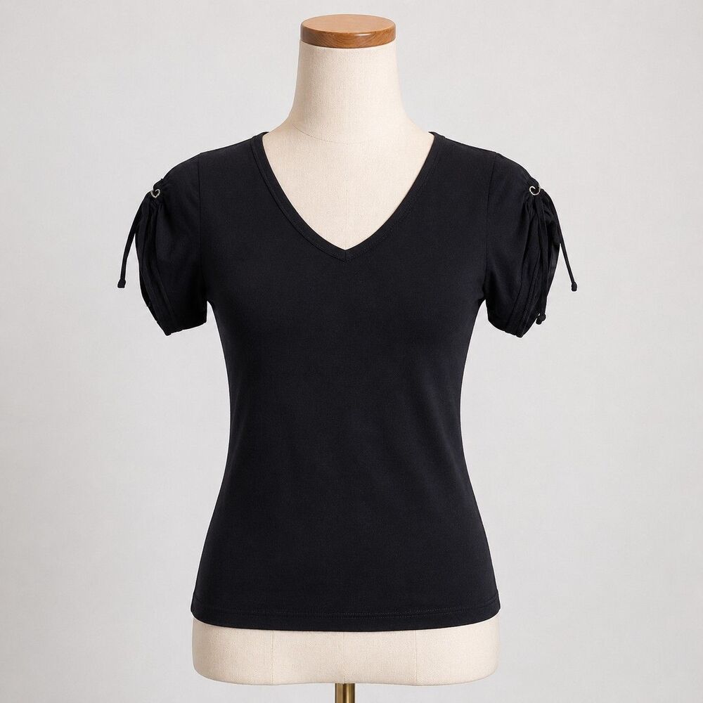 Anthropologie Women's V-Neck Tee XS Black Slim Fit Cotton Puff Sleeve Boho Top